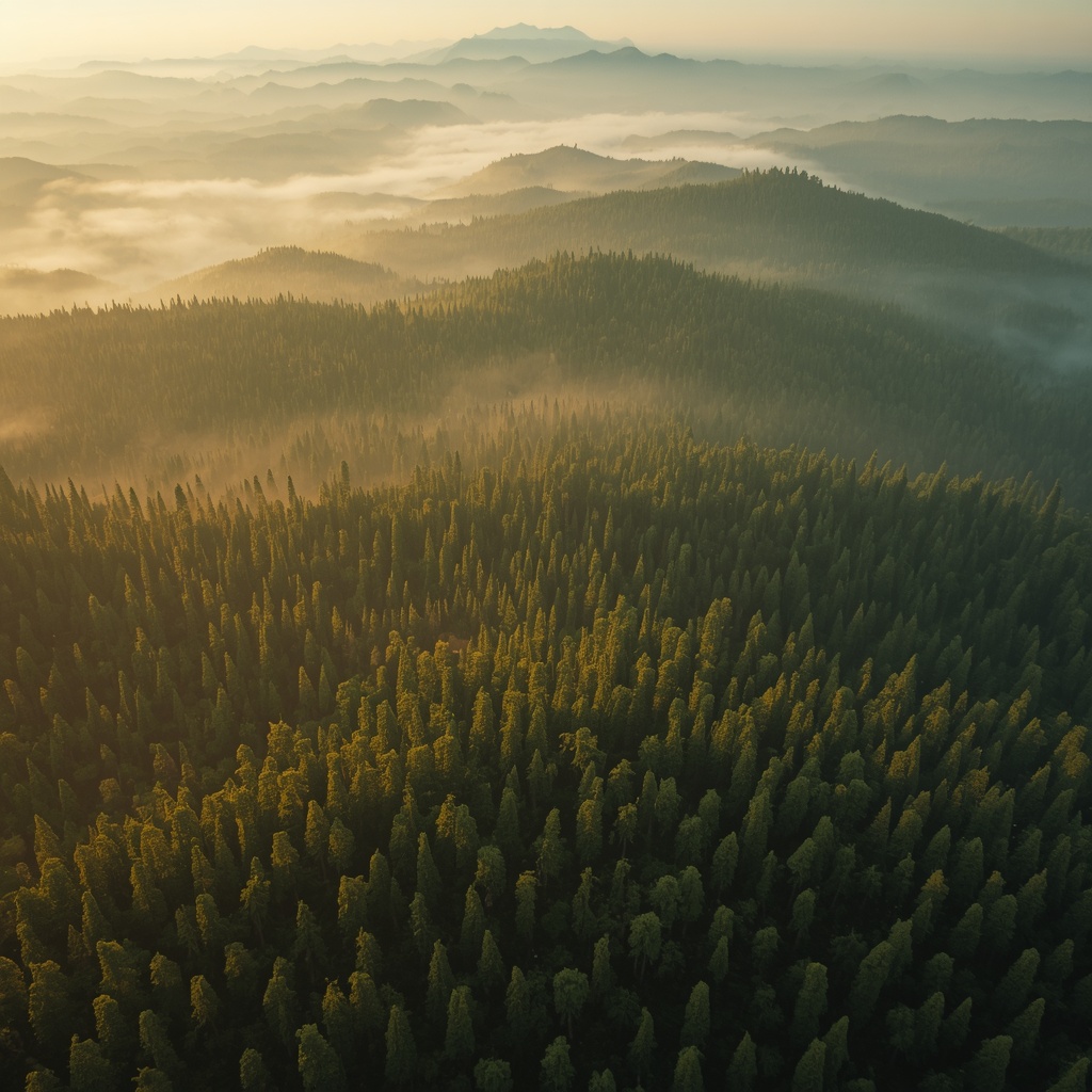 Generate with Nano Banana 2: photorealistic aerial view of a vast reforestation project, thousands of young native saplings covering rolling hills, morning mist between ridges, cinematic golden light, environmental restoration scene, no people